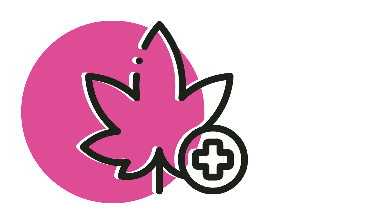 Pinker Kreis mit Cannabisblatt und Plus Zeichen